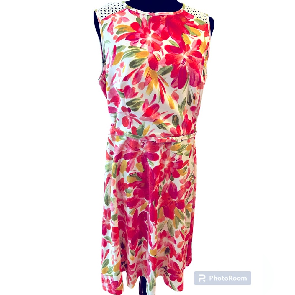 Vivid Pink/Gold/Green Floral Sleeveless Dress on White by Dress Barn.  Size = 16